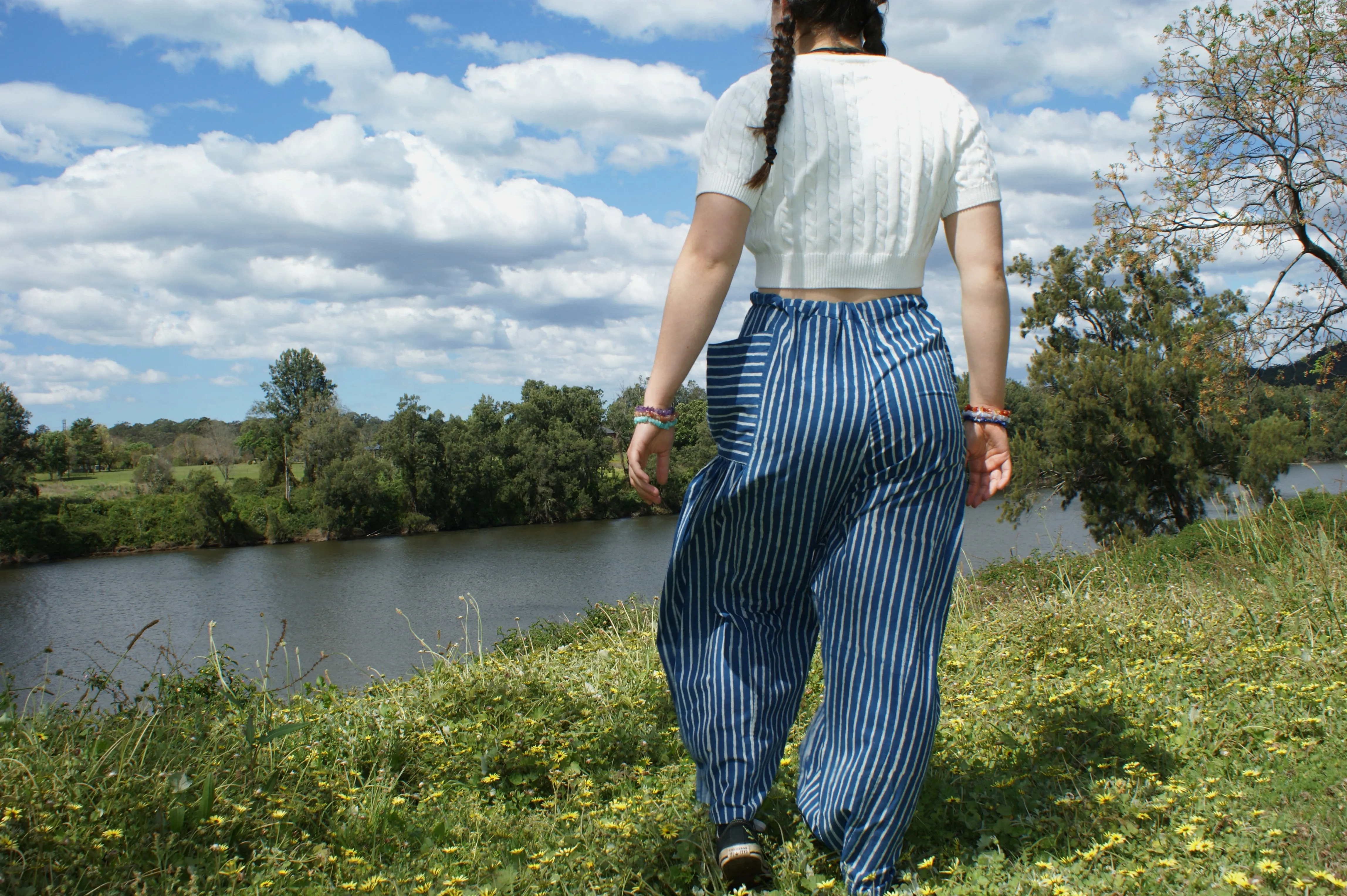 Fair Trade Ethical  Striped Cotton Pants with Pleats - Blue