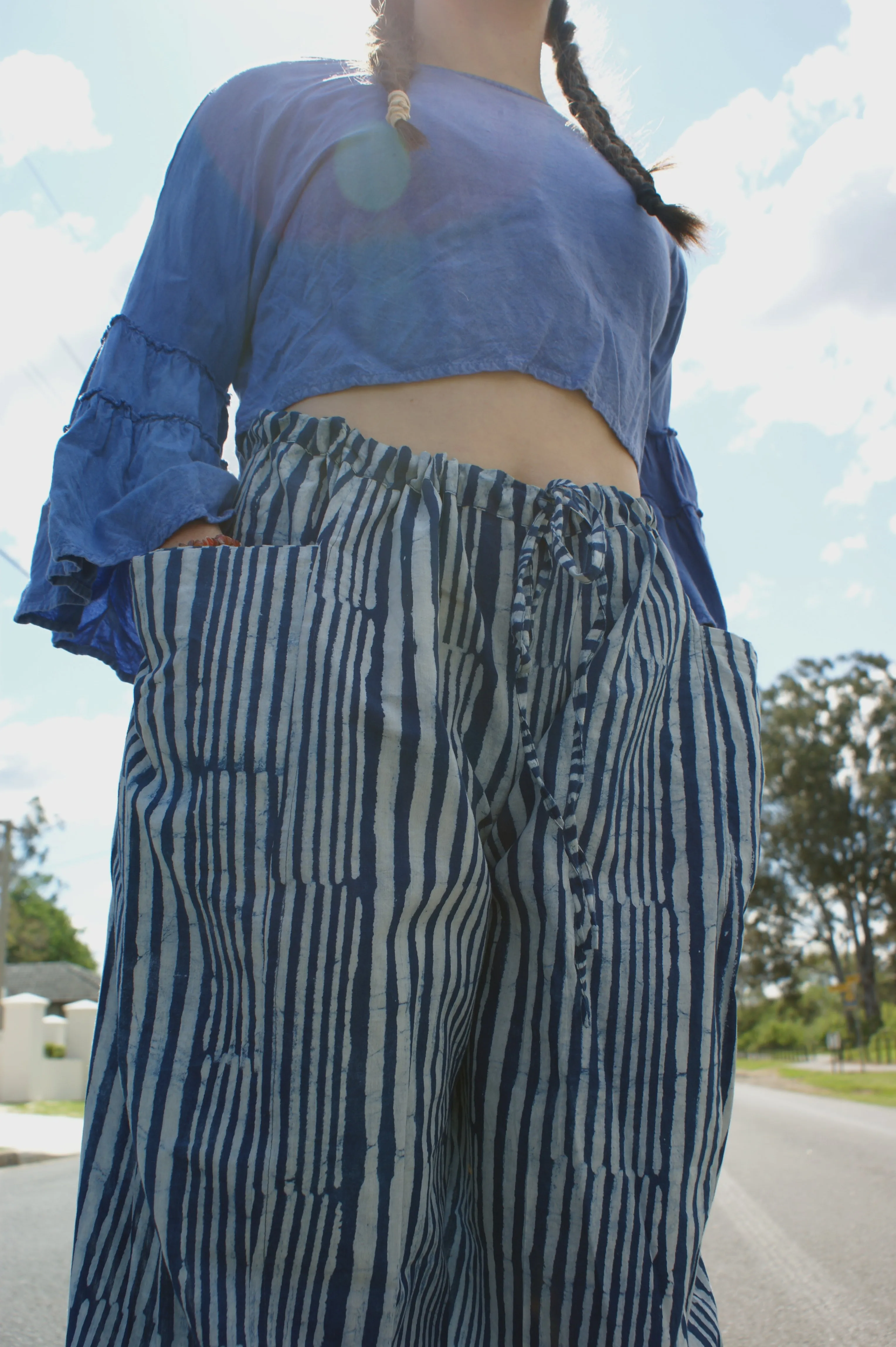 Fair Trade Ethical  Striped Cotton Pants with Pleats - Blue