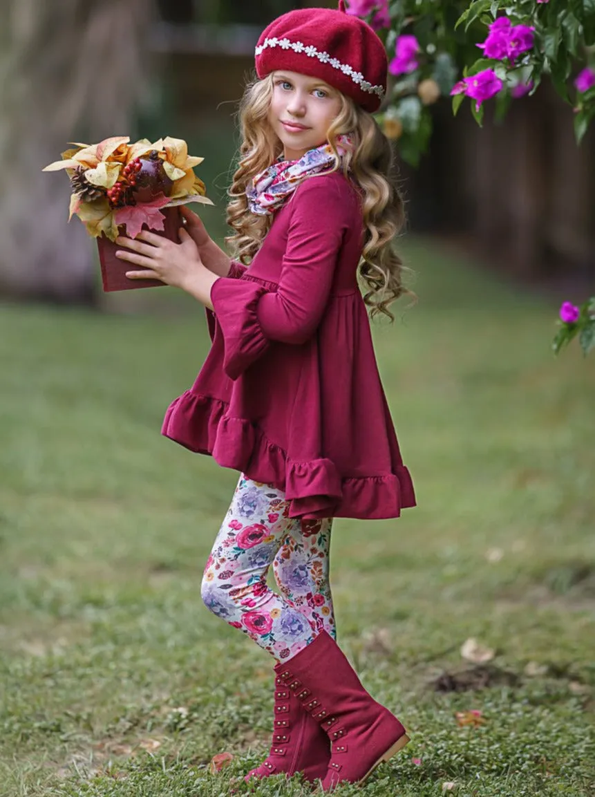 Fall-ishous Flowers Tunic, Leggings And Scarf Set