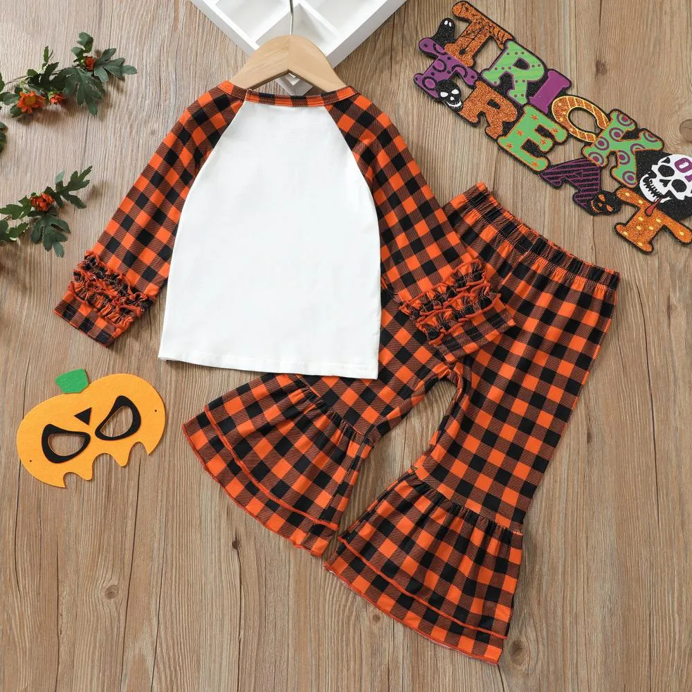 Fall Winter Pumpkin Letter Print Long Sleeve Top Plaid Flared Trousers Thanksgiving Wholesale Girls Clothes