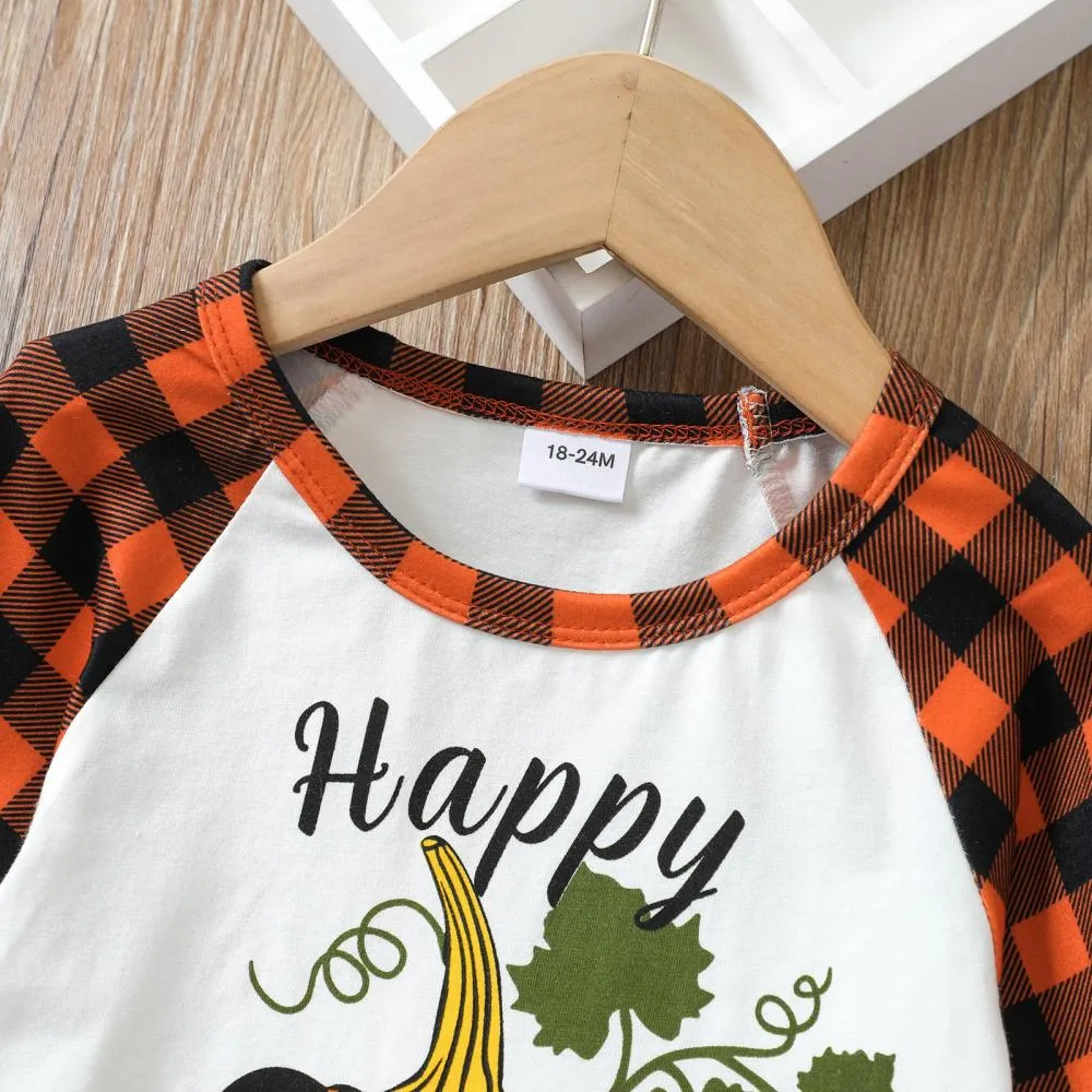 Fall Winter Pumpkin Letter Print Long Sleeve Top Plaid Flared Trousers Thanksgiving Wholesale Girls Clothes