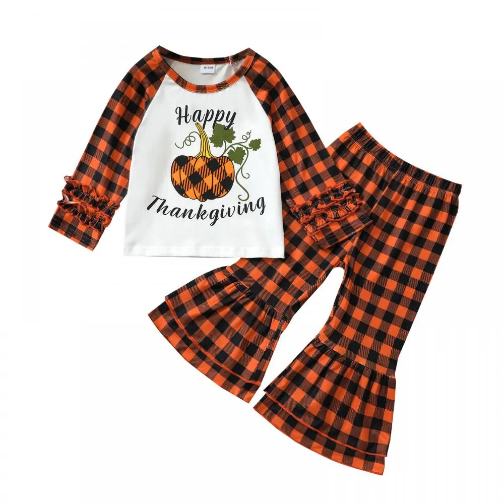 Fall Winter Pumpkin Letter Print Long Sleeve Top Plaid Flared Trousers Thanksgiving Wholesale Girls Clothes