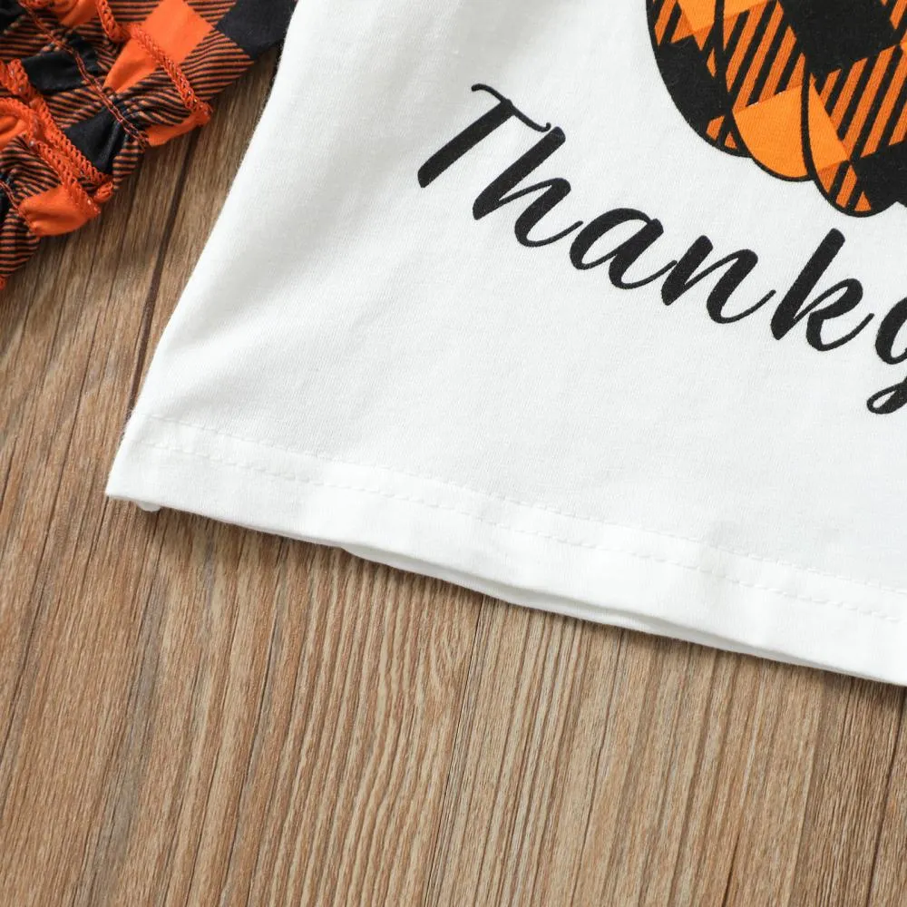 Fall Winter Pumpkin Letter Print Long Sleeve Top Plaid Flared Trousers Thanksgiving Wholesale Girls Clothes