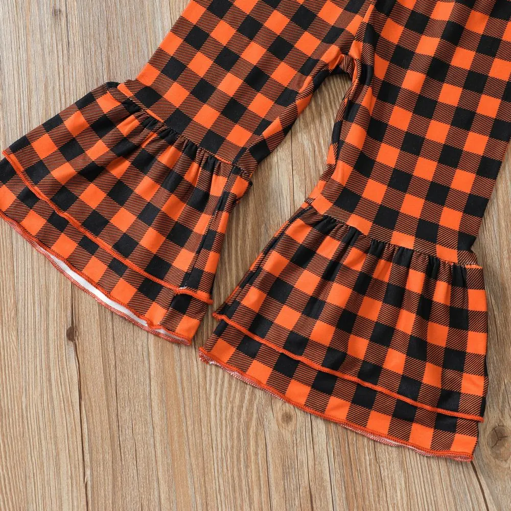 Fall Winter Pumpkin Letter Print Long Sleeve Top Plaid Flared Trousers Thanksgiving Wholesale Girls Clothes