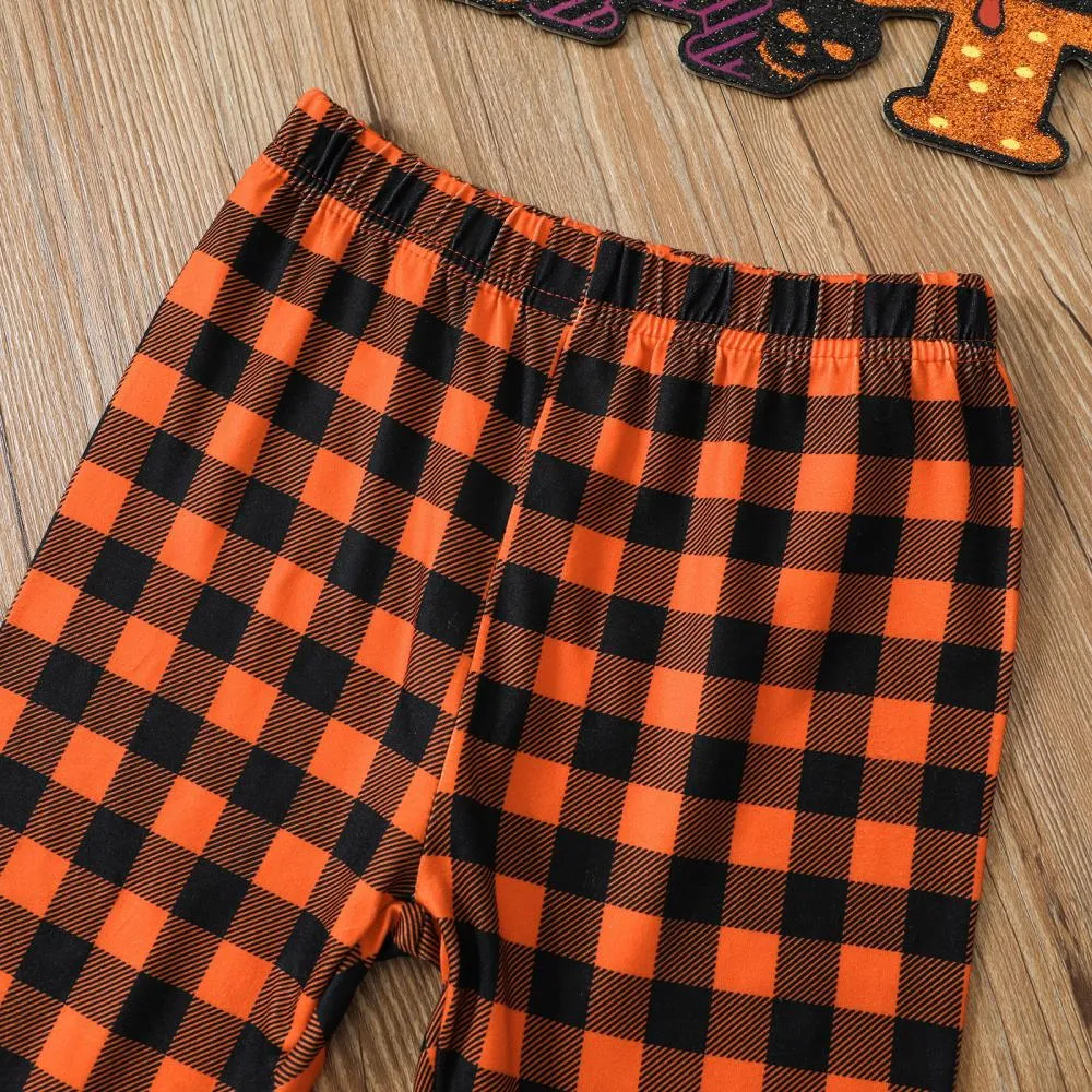 Fall Winter Pumpkin Letter Print Long Sleeve Top Plaid Flared Trousers Thanksgiving Wholesale Girls Clothes