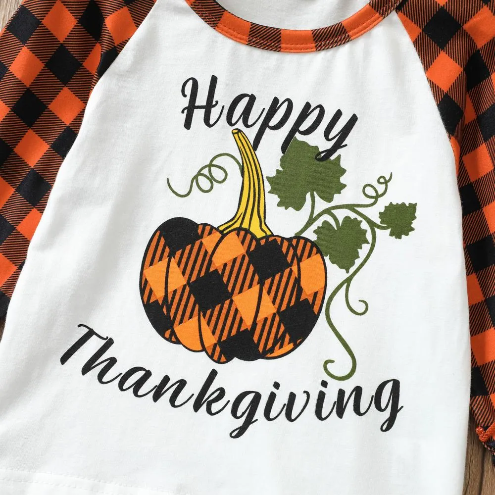 Fall Winter Pumpkin Letter Print Long Sleeve Top Plaid Flared Trousers Thanksgiving Wholesale Girls Clothes