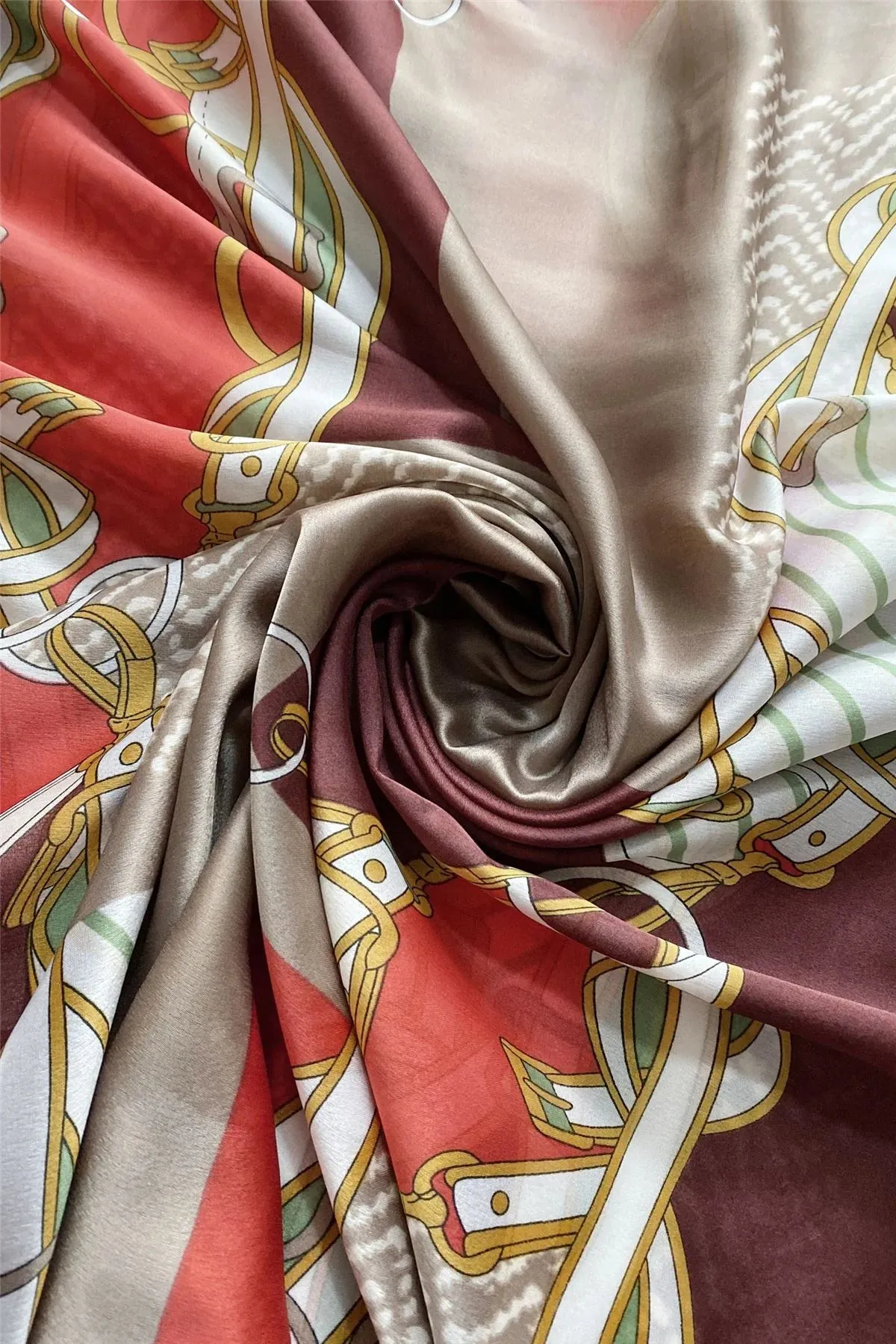 Fashion Buckle Print Silk Scarf - Light Coffee