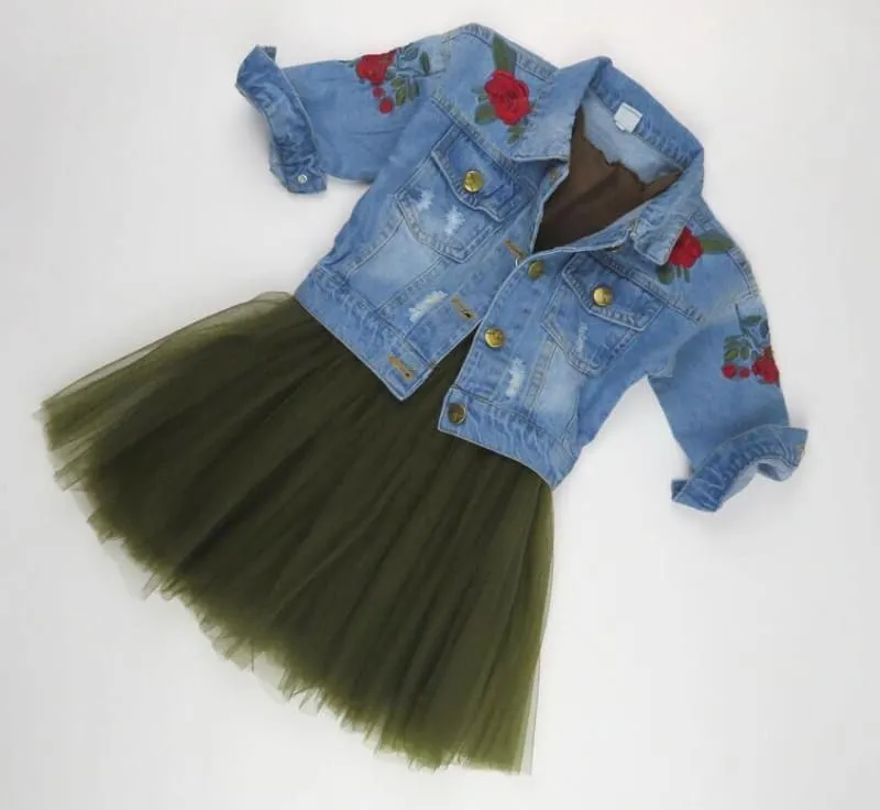 Fashion Denim Jacket & Tutu Skirt Girl's Clothing Set