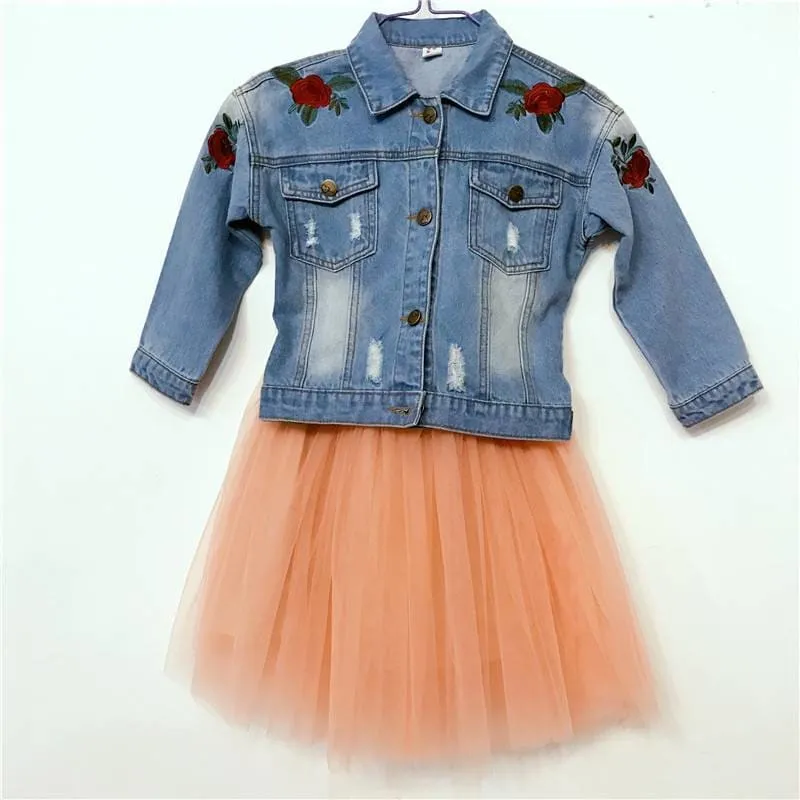 Fashion Denim Jacket & Tutu Skirt Girl's Clothing Set