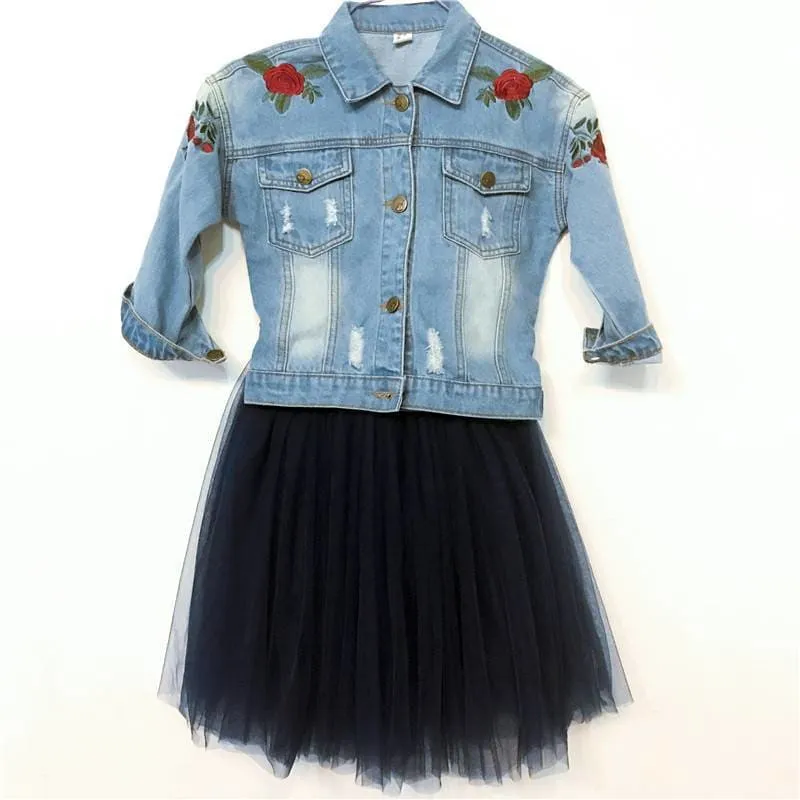 Fashion Denim Jacket & Tutu Skirt Girl's Clothing Set