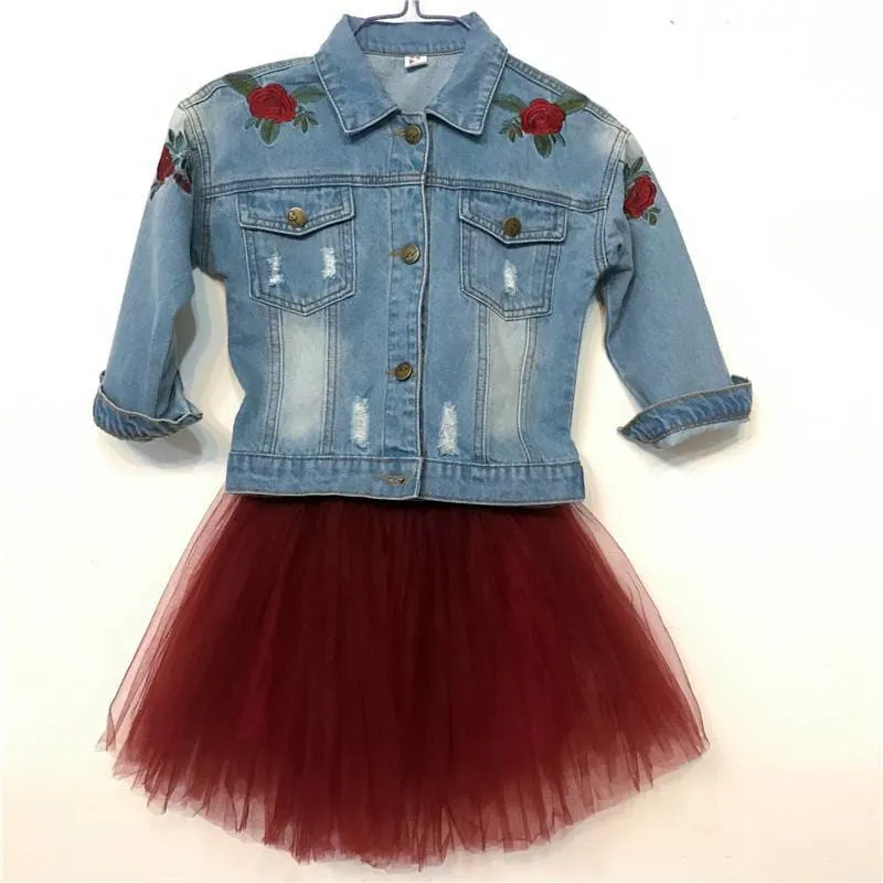 Fashion Denim Jacket & Tutu Skirt Girl's Clothing Set