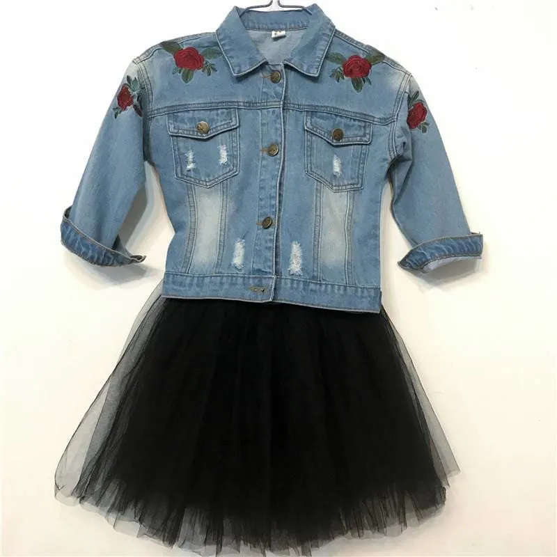 Fashion Denim Jacket & Tutu Skirt Girl's Clothing Set