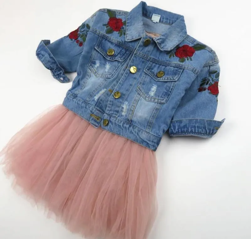 Fashion Denim Jacket & Tutu Skirt Girl's Clothing Set