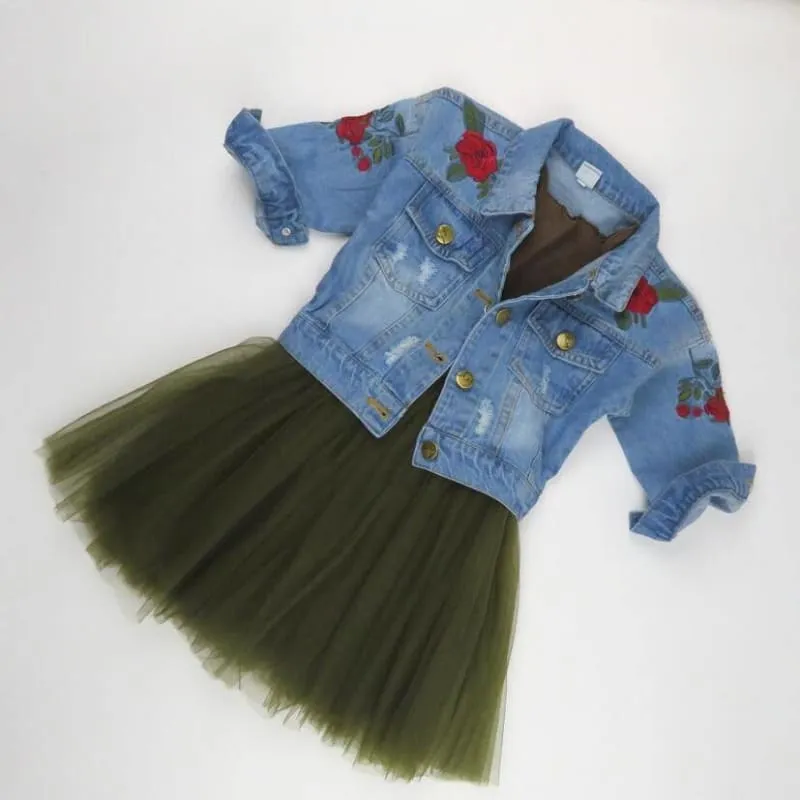 Fashion Denim Jacket & Tutu Skirt Girl's Clothing Set