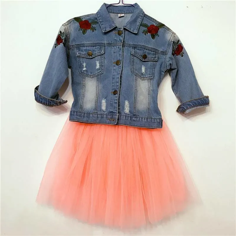 Fashion Denim Jacket & Tutu Skirt Girl's Clothing Set