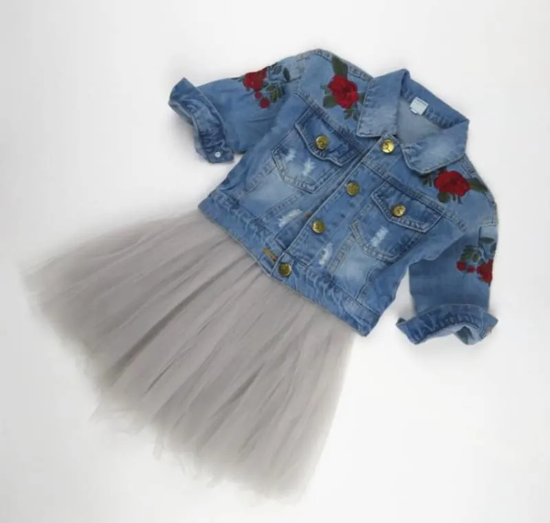 Fashion Denim Jacket & Tutu Skirt Girl's Clothing Set