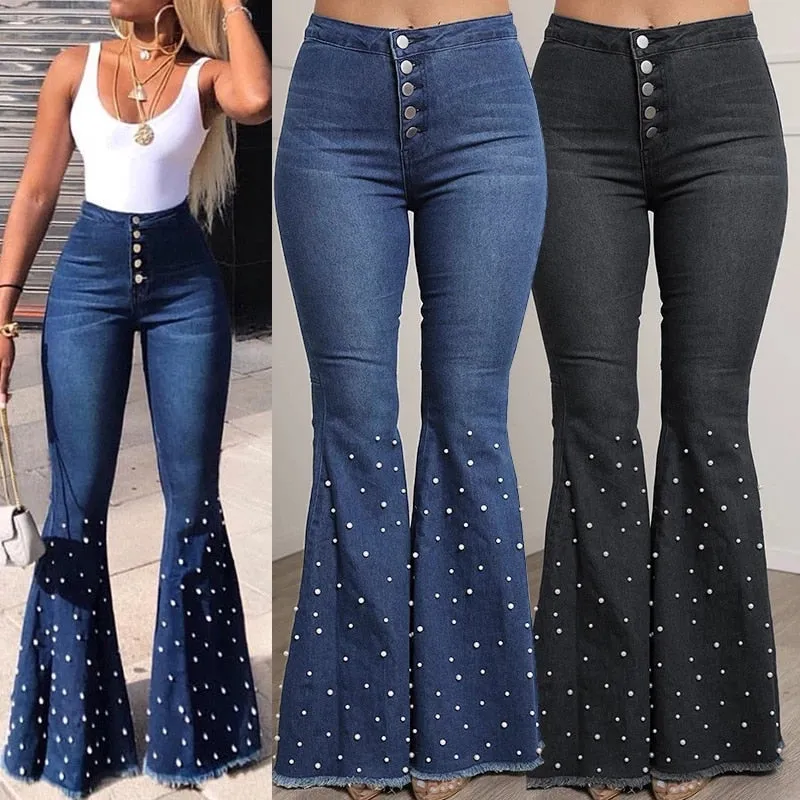 Fashion Women Solid Beading Flared Jeans Autumn Winter Lady's High Waist Single-breasted Casual Denim Bell-Bottom Pant