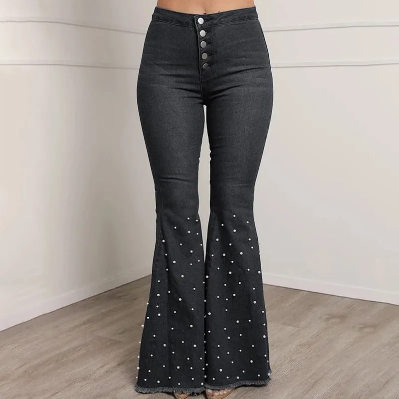 Fashion Women Solid Beading Flared Jeans Autumn Winter Lady's High Waist Single-breasted Casual Denim Bell-Bottom Pant