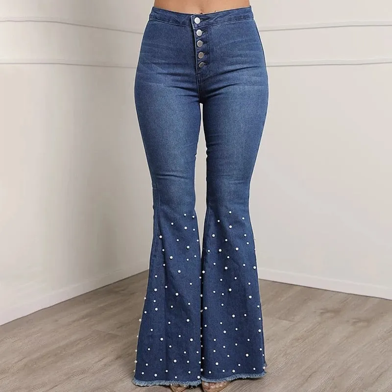 Fashion Women Solid Beading Flared Jeans Autumn Winter Lady's High Waist Single-breasted Casual Denim Bell-Bottom Pant