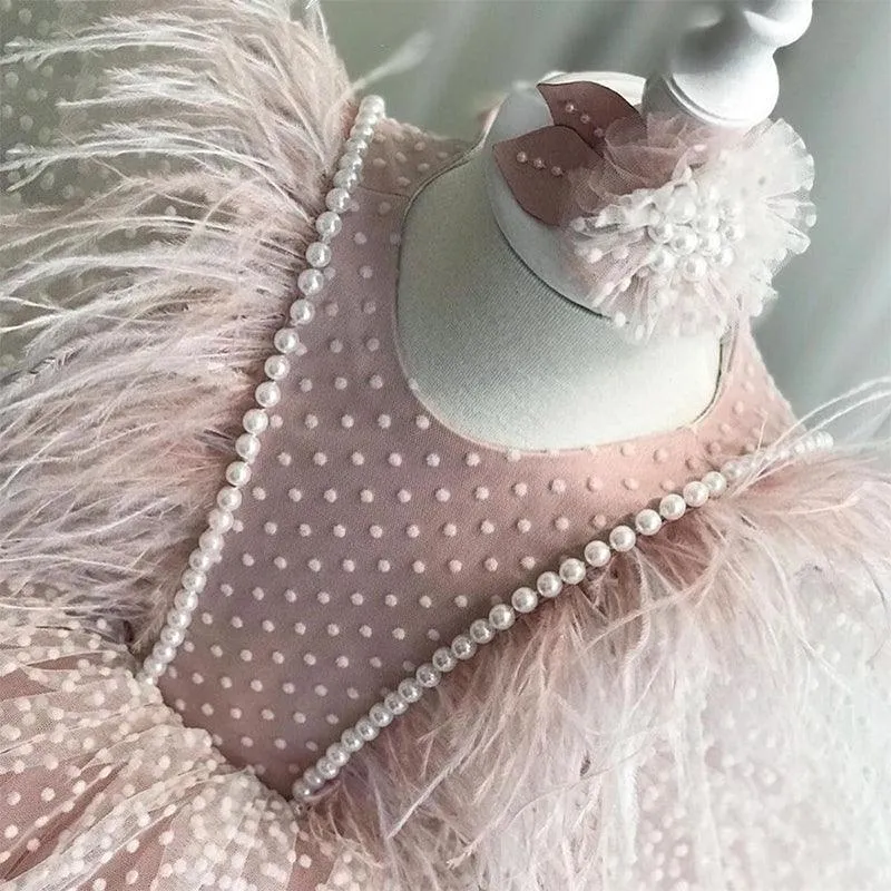 Feathered Dream Princess Dress Ethereal Layered Tulle Gown Pearl-Embellished Polka Dot Dress