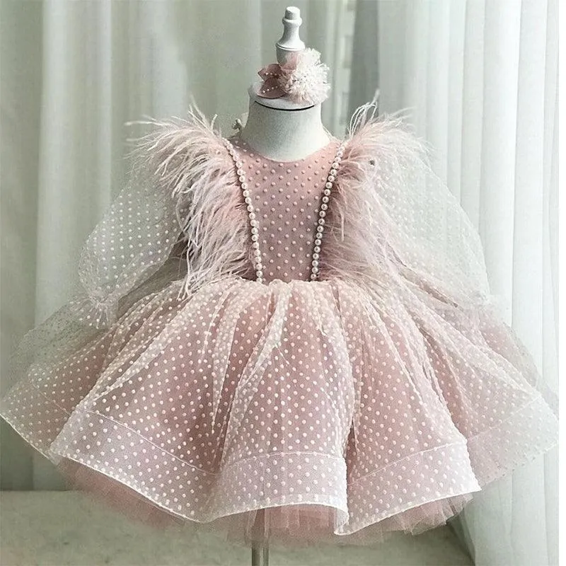 Feathered Dream Princess Dress Ethereal Layered Tulle Gown Pearl-Embellished Polka Dot Dress