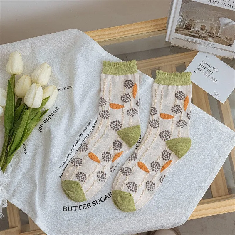 Floral cotton socks gift Women Winter Socks gift bird flowers Korean Japanese yellow