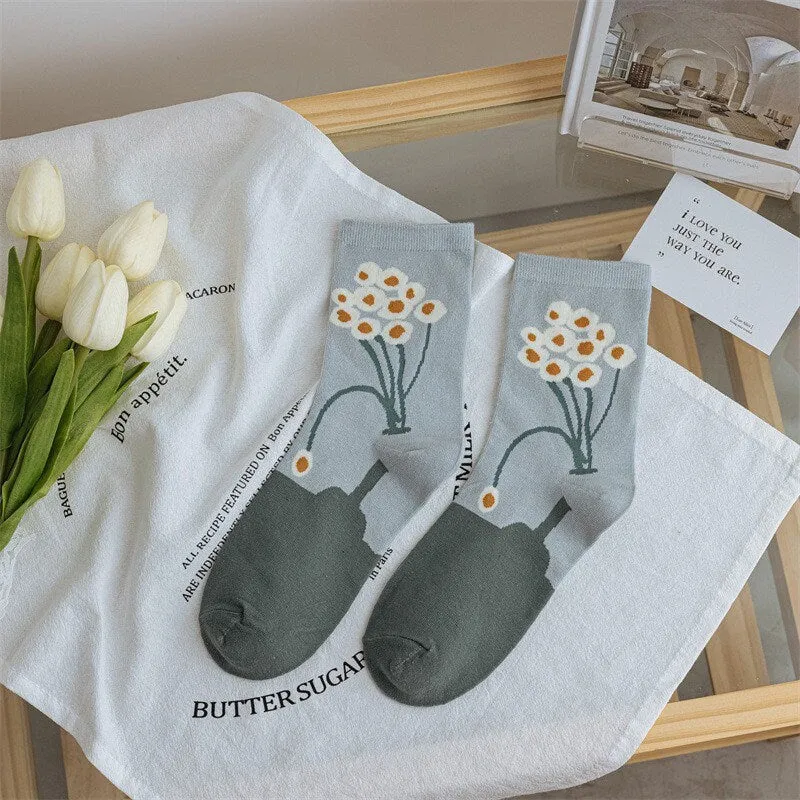 Floral cotton socks gift Women Winter Socks gift bird flowers Korean Japanese yellow