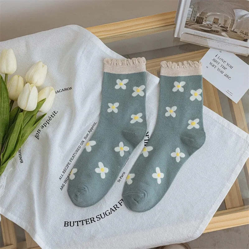 Floral cotton socks gift Women Winter Socks gift bird flowers Korean Japanese yellow