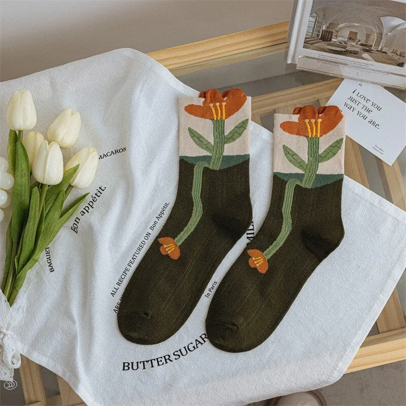 Floral cotton socks gift Women Winter Socks gift bird flowers Korean Japanese yellow