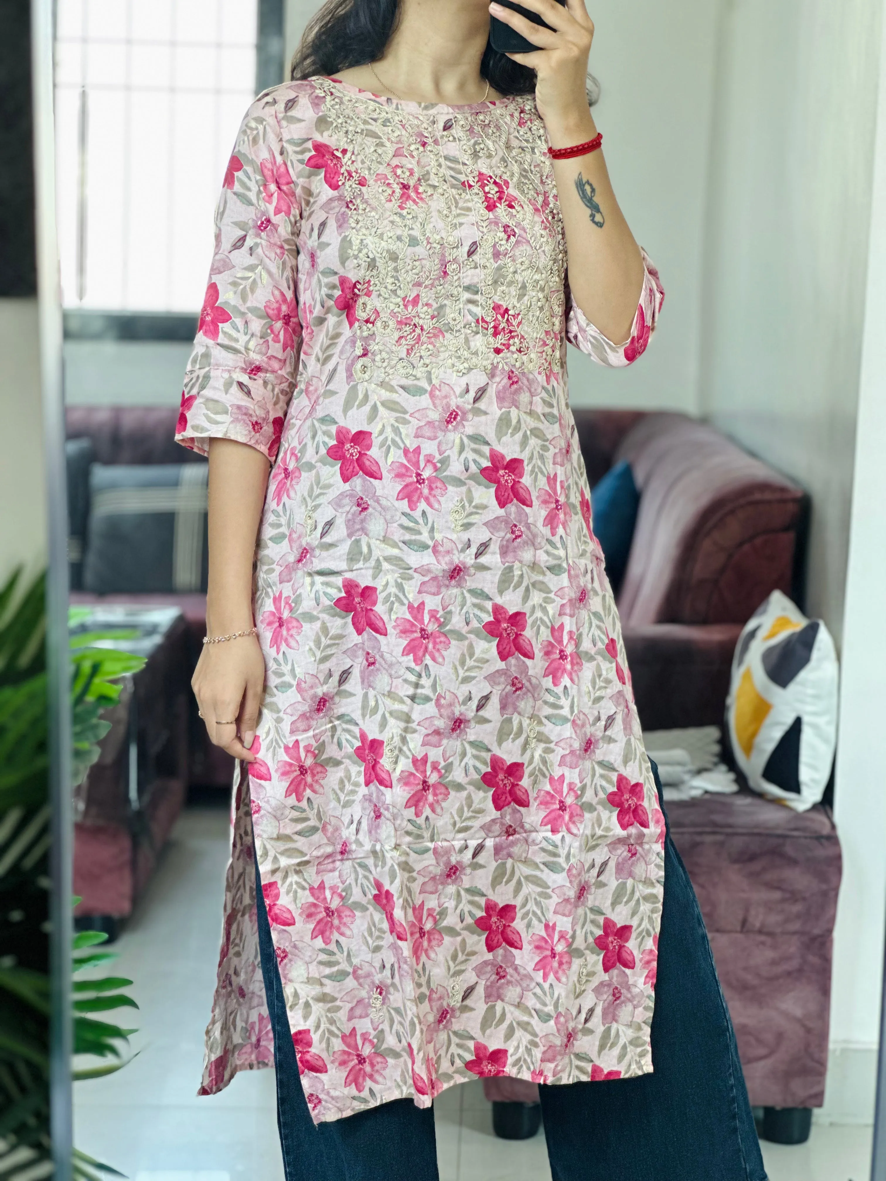 Floral Printed Thread work Kurti