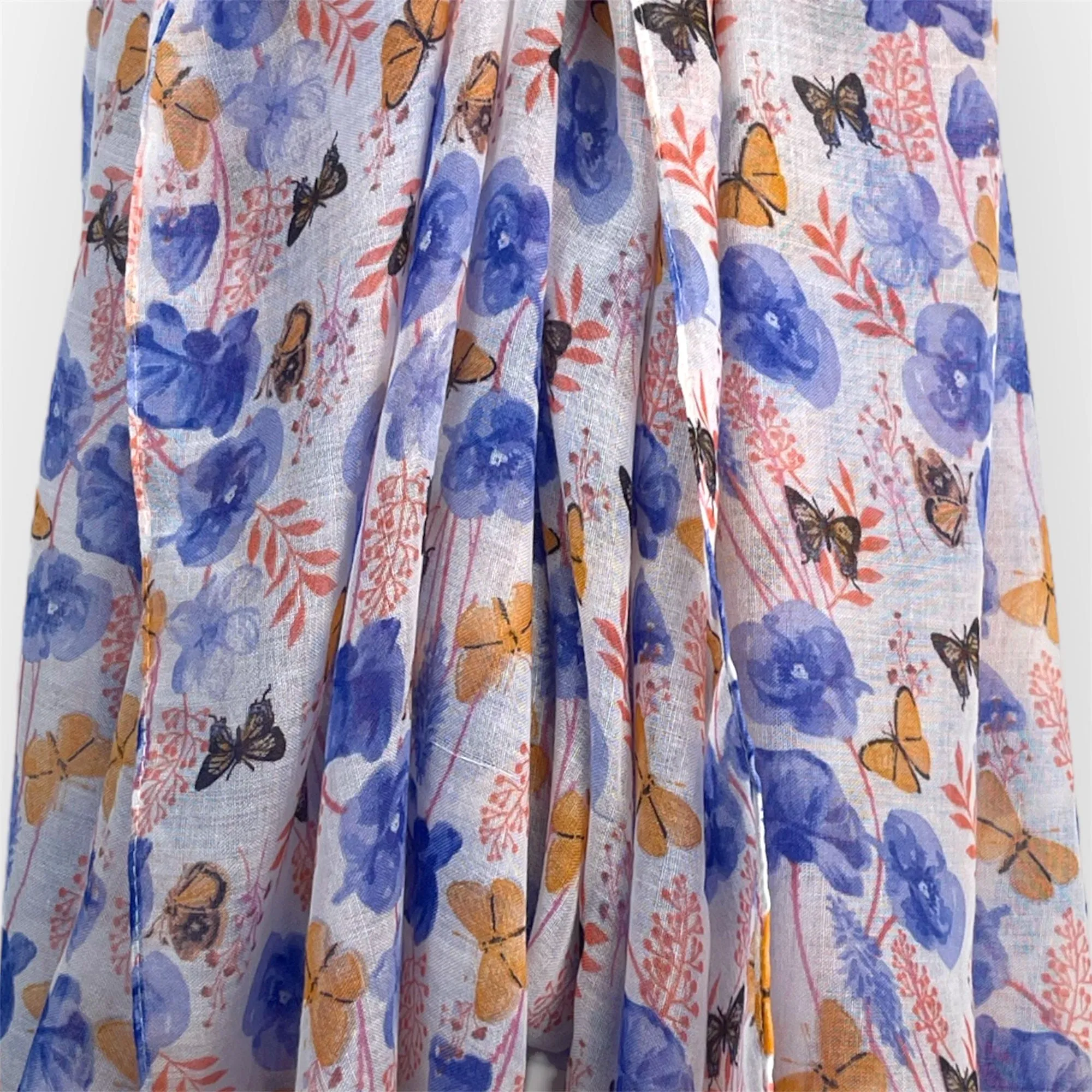 Floral Scarf Blue Purple Flowers Orange Butterflies