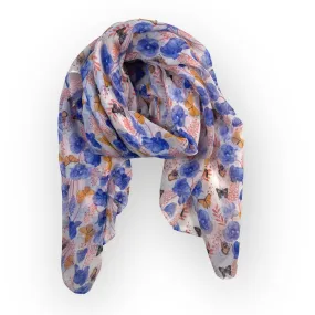 Floral Scarf Blue Purple Flowers Orange Butterflies