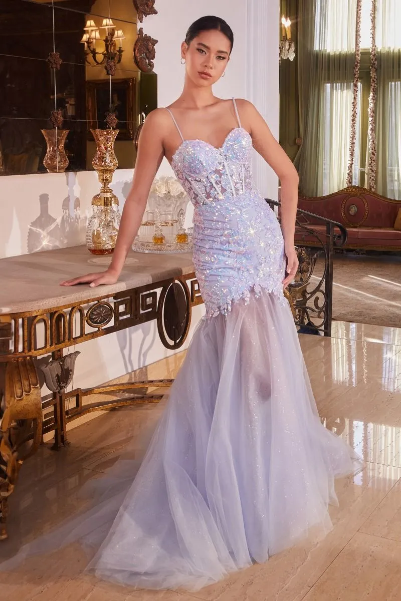 FLORAL SEQUINED LIGHT BLUE MERMAID GOWN CDCB148