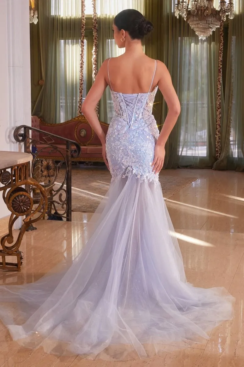 FLORAL SEQUINED LIGHT BLUE MERMAID GOWN CDCB148