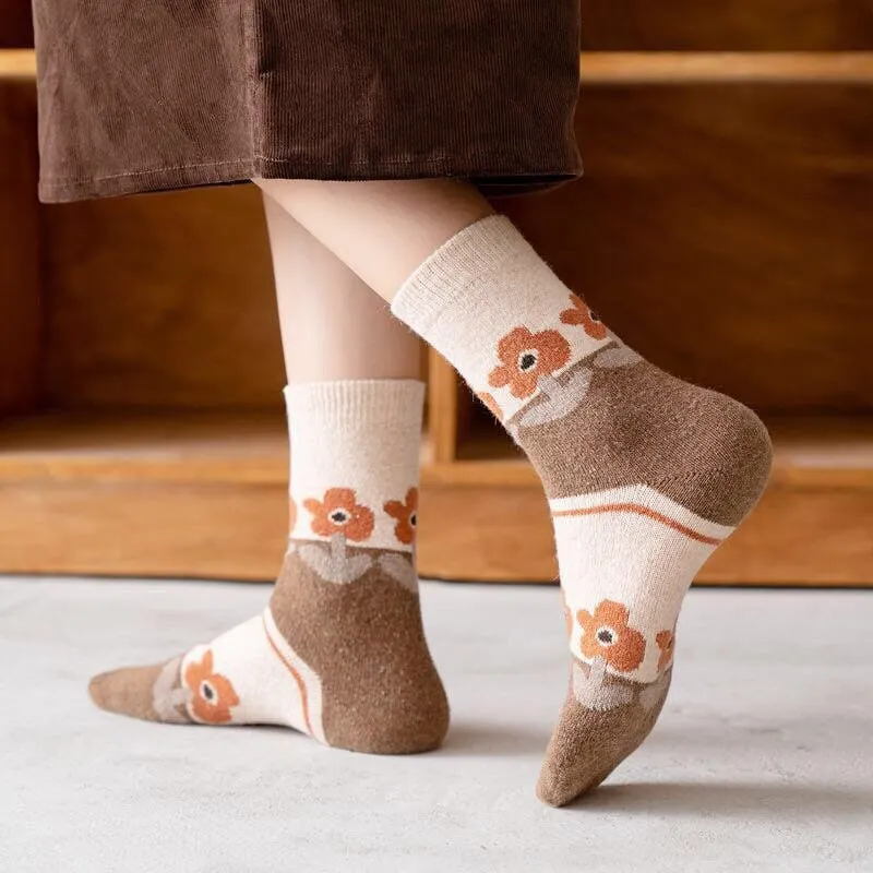 Floral wool socks gift Women Winter Socks orange gift flowers Korean Japanese