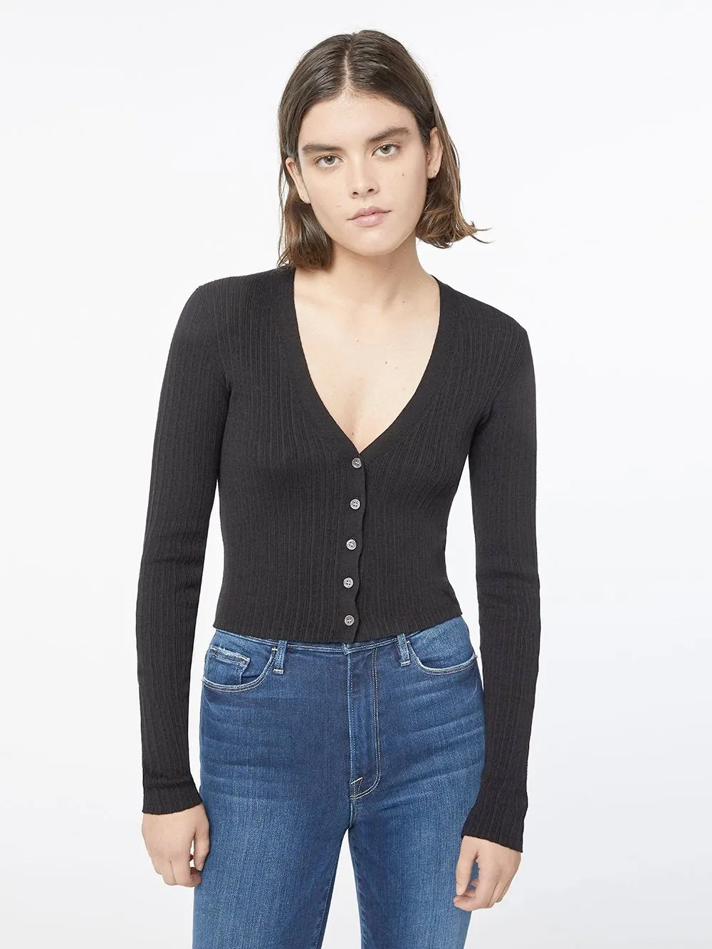 Frame - Mixed Rib Cardigan in Noir