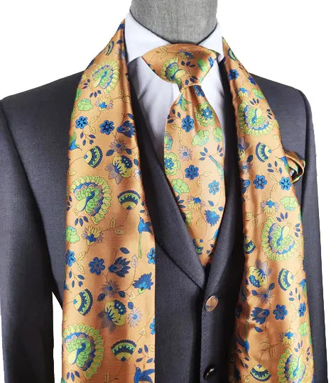 Frosted Almond Floral 100% Silk Tie, Scarf and Pocket Square