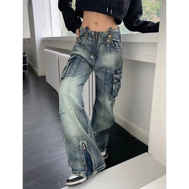 Girlary Blue Women Jeans Vintage High Waist Chic American Fashion Y2K Streetwear Wide Leg Jean Female Trouser NEW Baggy Denim Pants