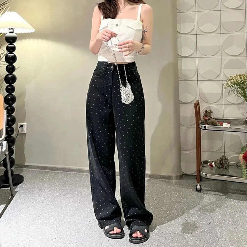 Girlary Korean version of the cute chic polka dot wide leg pants loose fall and winter new Harajuku loose straight long pants