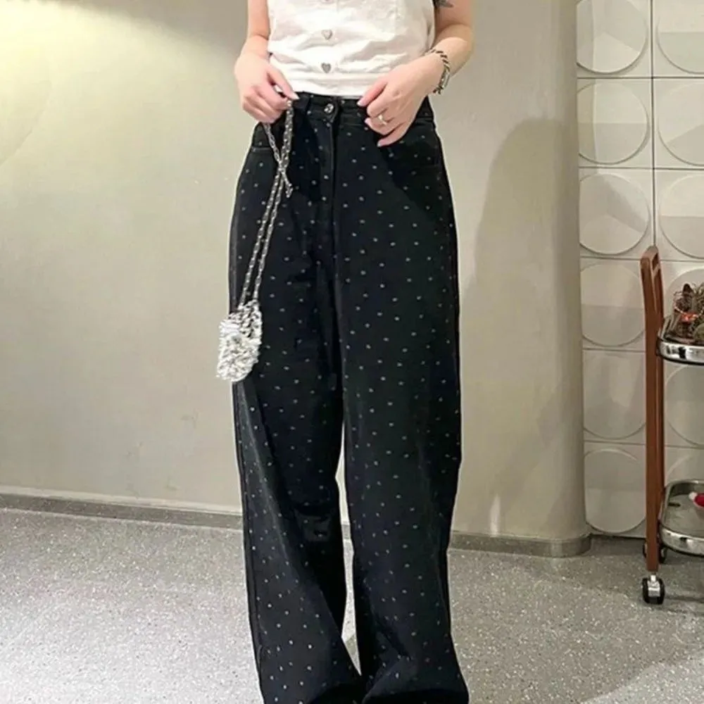 Girlary Korean version of the cute chic polka dot wide leg pants loose fall and winter new Harajuku loose straight long pants