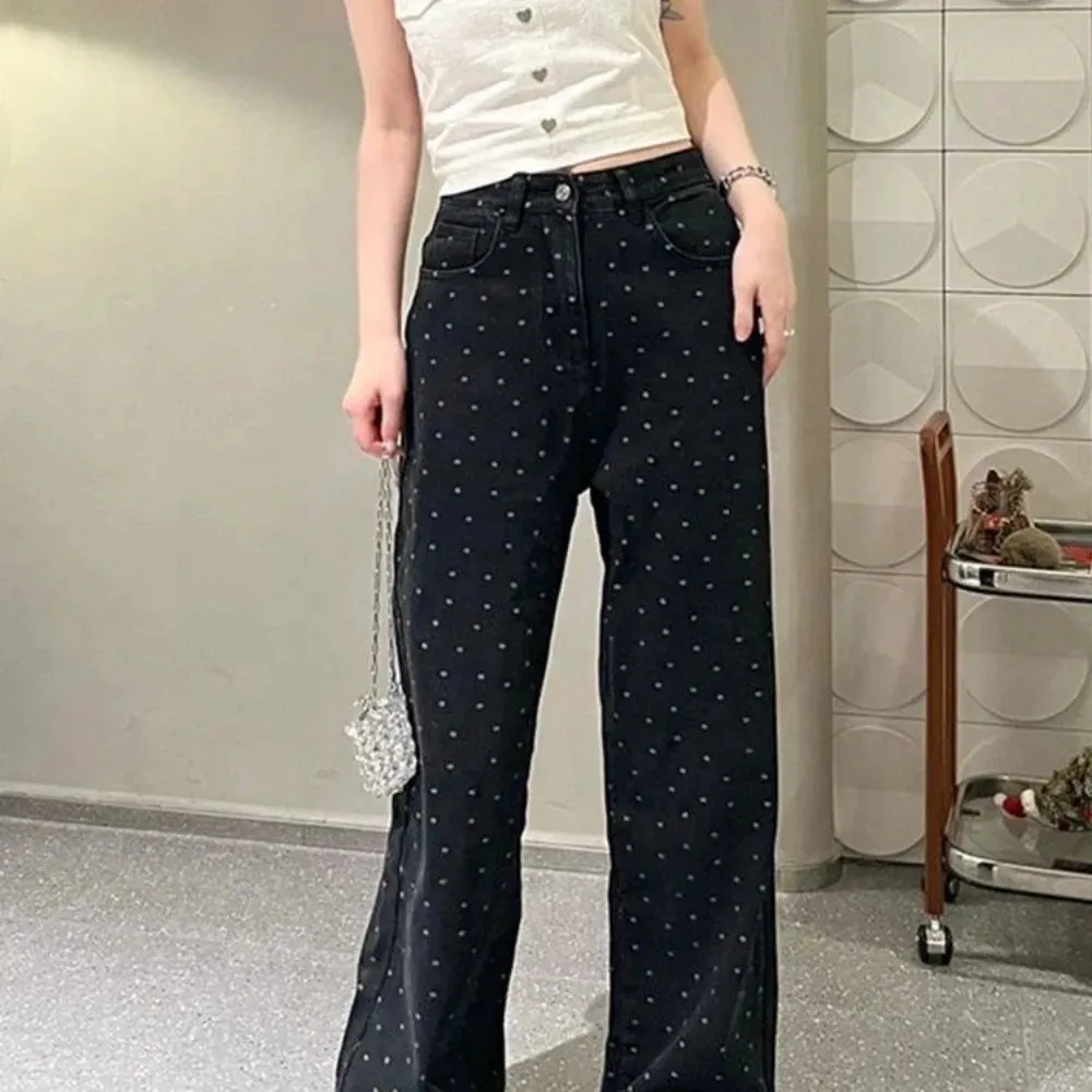 Girlary Korean version of the cute chic polka dot wide leg pants loose fall and winter new Harajuku loose straight long pants