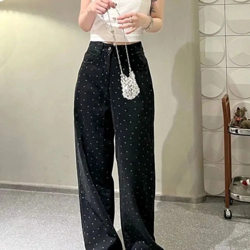 Girlary Korean version of the cute chic polka dot wide leg pants loose fall and winter new Harajuku loose straight long pants