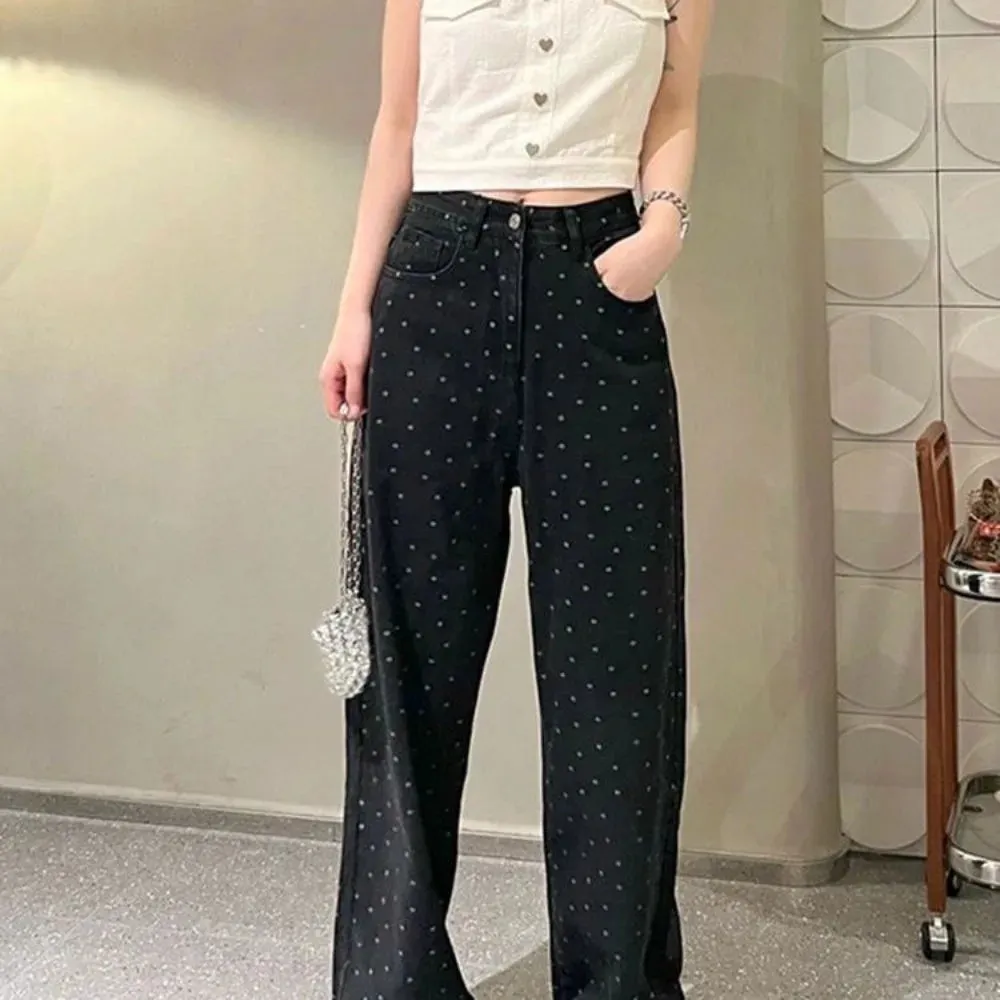 Girlary Korean version of the cute chic polka dot wide leg pants loose fall and winter new Harajuku loose straight long pants