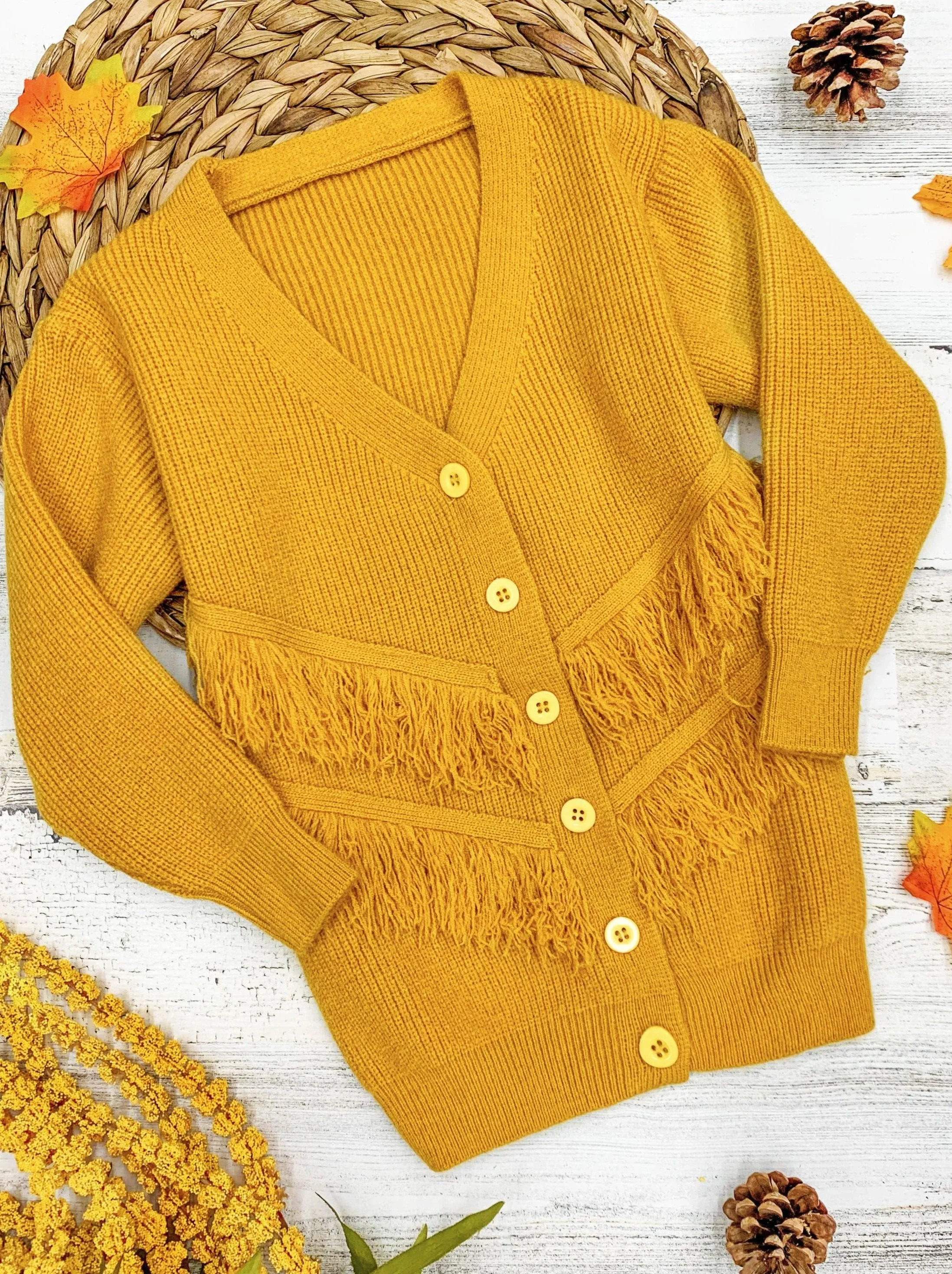 Girls Buttoned Frayed Fringe Ribbed Sweater Cardigan