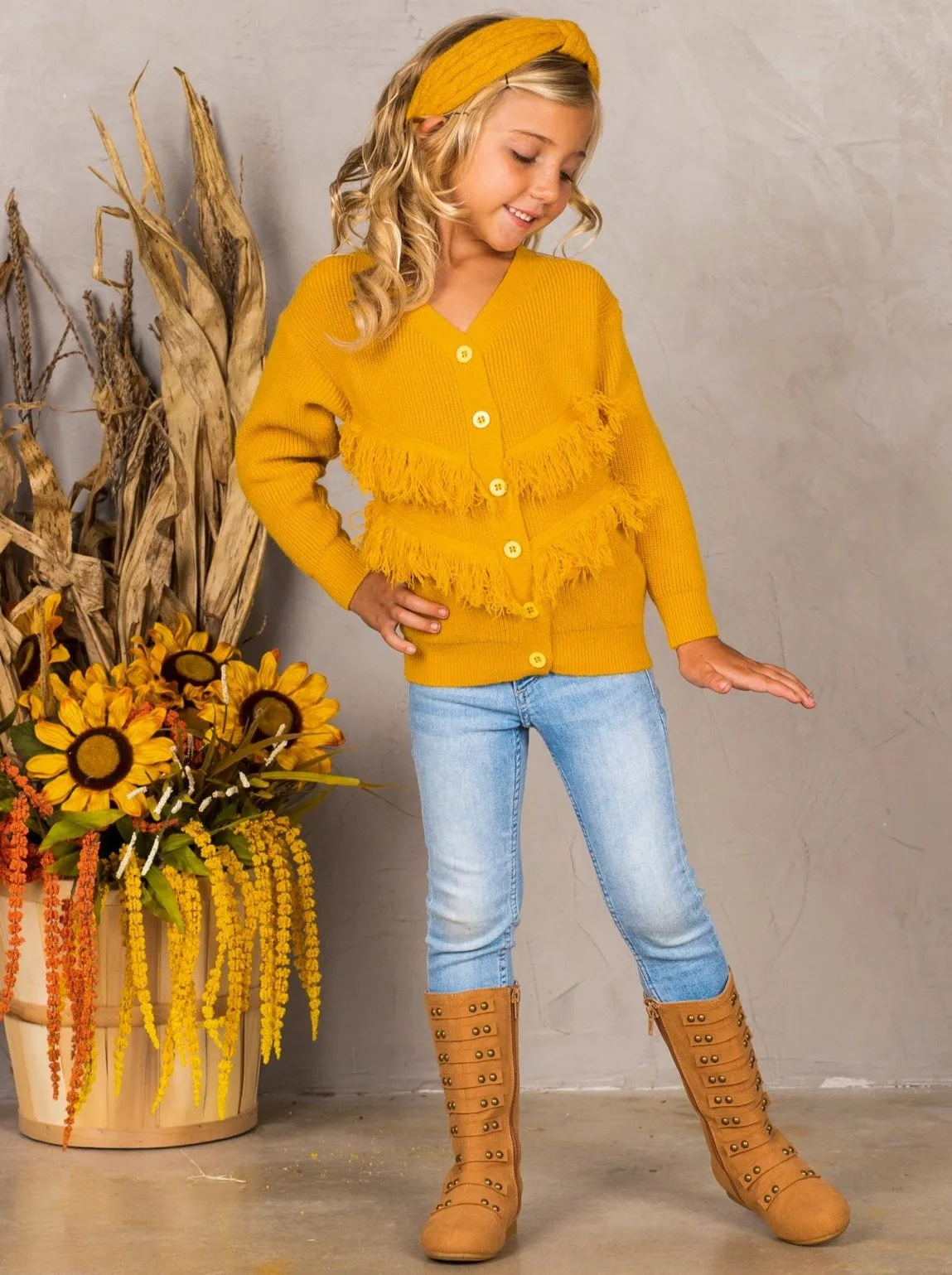 Girls Buttoned Frayed Fringe Ribbed Sweater Cardigan