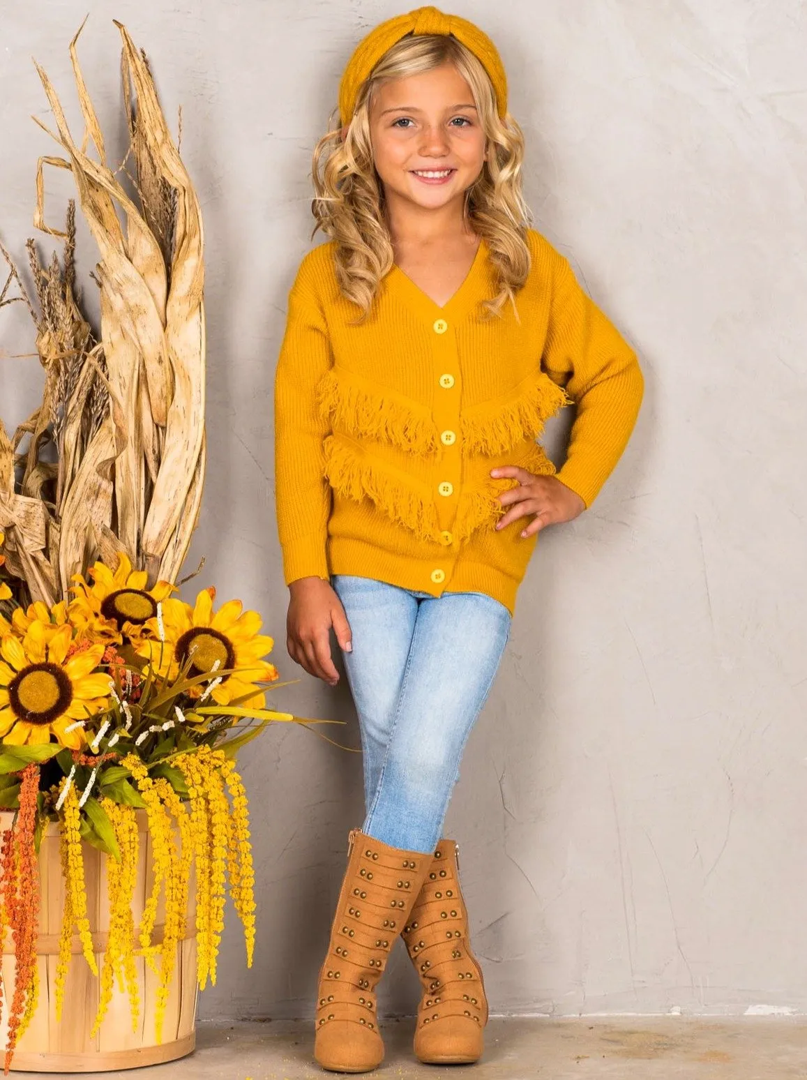 Girls Buttoned Frayed Fringe Ribbed Sweater Cardigan