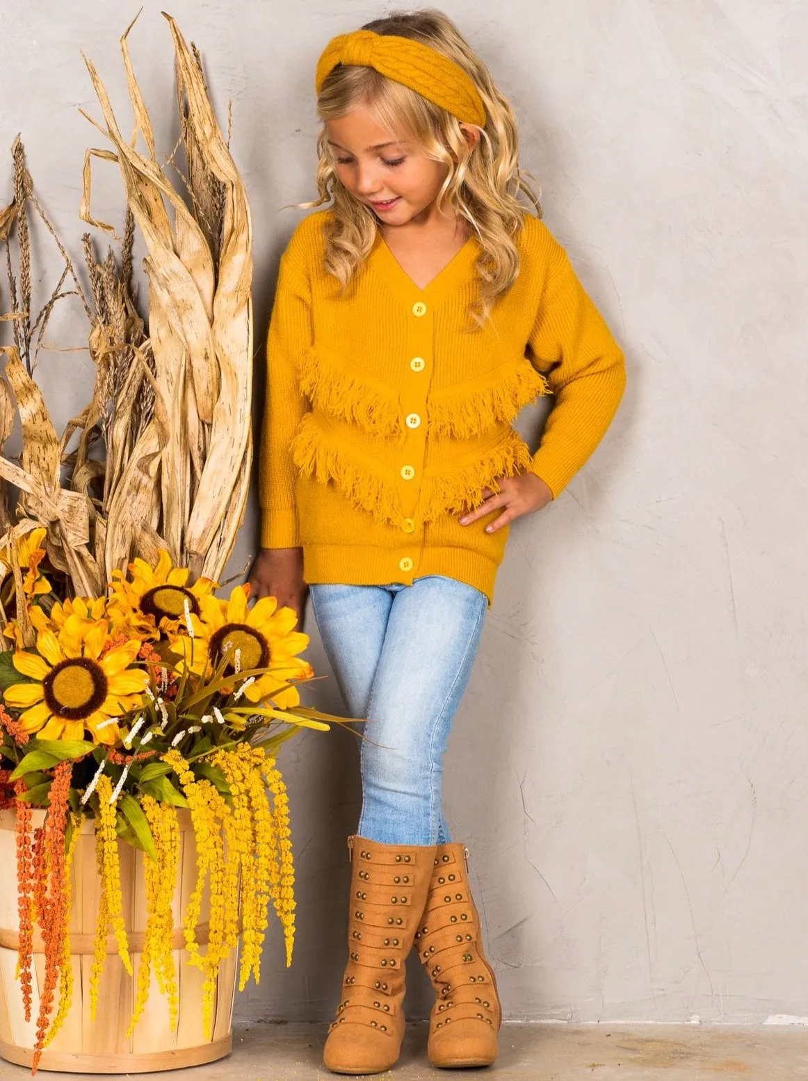 Girls Buttoned Frayed Fringe Ribbed Sweater Cardigan