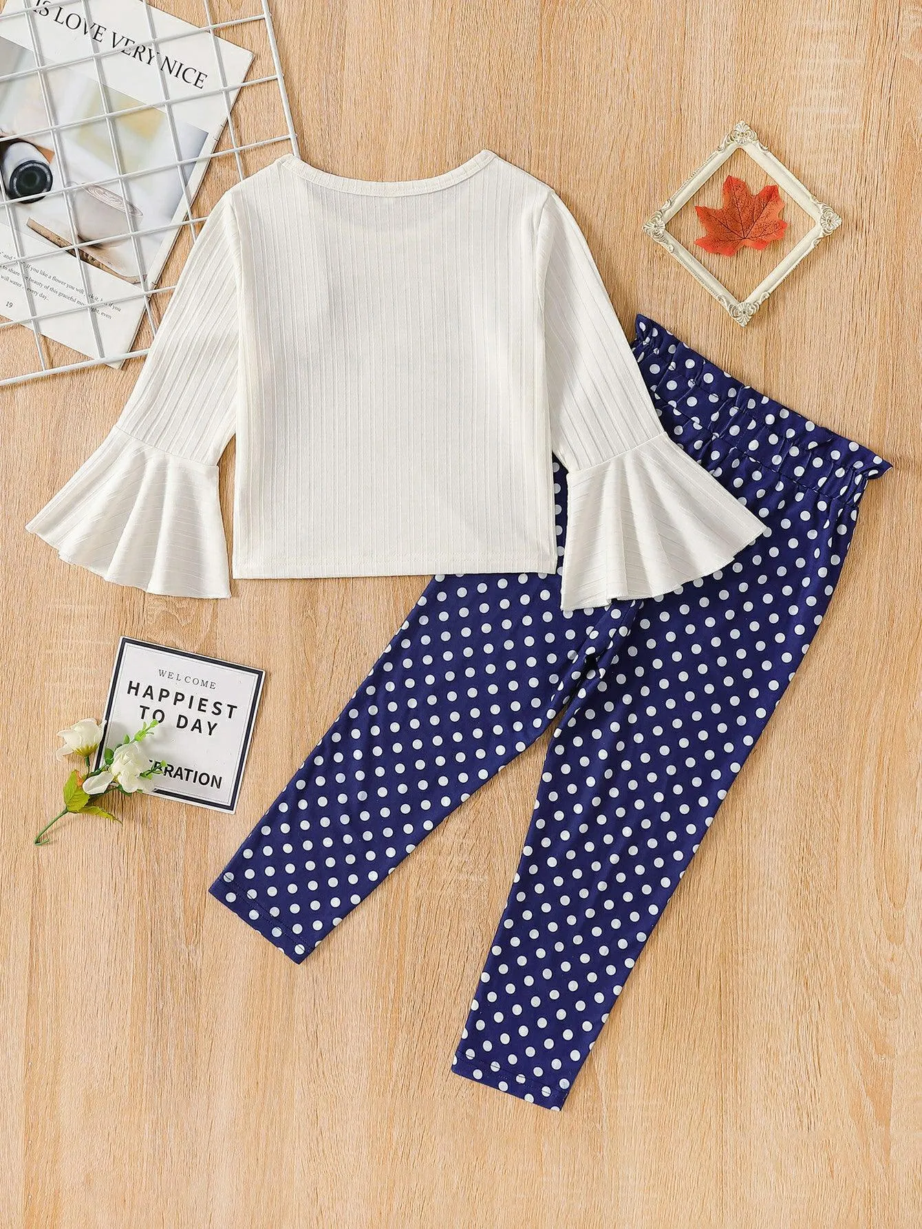 GIRLS GRAPHIC FLARED SLEEVE T-SHIRT AND POLKA DOT PANTS SET