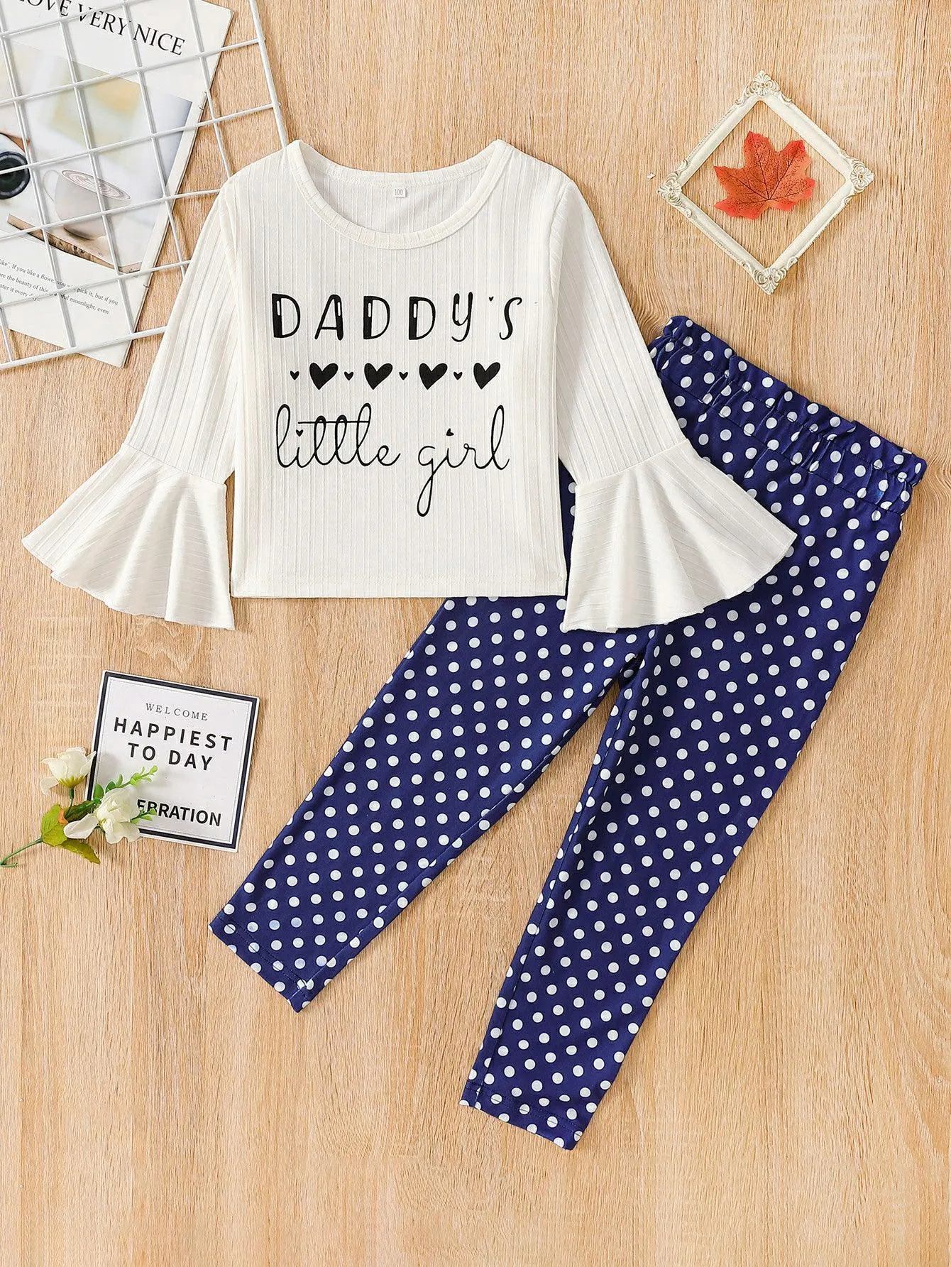 GIRLS GRAPHIC FLARED SLEEVE T-SHIRT AND POLKA DOT PANTS SET