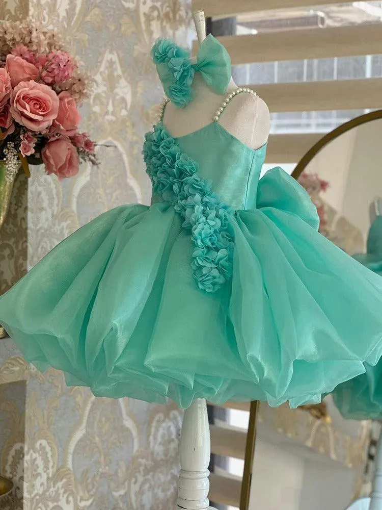 Girls Pearl Sling Dress Flower Sweet Birthday Party Evening Dress